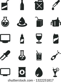 Solid Black Vector Icon Set - measuring cup for feeding vector, e, packing of juice with a straw, drop, glass soda, can, liquor, round flask, oil, canister, bottle, monitor, pipette, champagne
