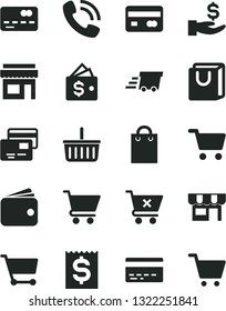 Solid Black Vector Icon Set - grocery basket vector, bank card, cart, crossed, bag with handles, cards, kiosk, shopping, reverse side of a, front the, financial item, get wage, wallet, phone call