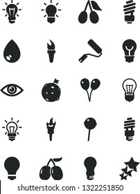 Solid Black Vector Icon Set - matte light bulb vector, colored air balloons, new roller, saving, eye, drop, Chupa Chups, cornels, tasty, energy, flame torch, flag on moon, three stars