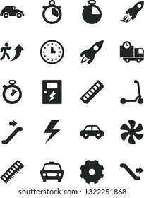 Solid Black Vector Icon Set - truck lorry vector, lightning, motor vehicle, child Kick scooter, dangers, timer, car, delivery, marine propeller, retro, rocket, space, wall watch, memory, stopwatch