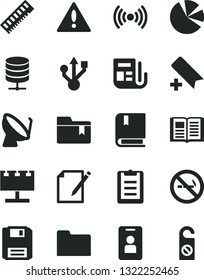 Solid Black Vector Icon Set - warning vector, add bookmark, folder, e, book, big data server, notes, satellite dish, billboard with illumination, pie charts, morning paper, memory, usb, floppy