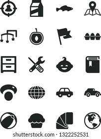 Solid Black Vector Icon Set - book vector, toys over the cot, baby bath ball, motor vehicle, funny hairdo, small tools, sample of colour, map, flag, nightstand, package, bundle eggs, cake, fish