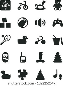 Solid Black Vector Icon Set - rubber duck vector, baby duckling, bath ball, stacking rings, toy, roly poly doll, phone, children's sand set, small teddy bear, rocking horse, cubes for children, golf