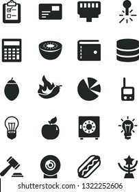 Solid Black Vector Icon Set - purse vector, hammer of a judge, calculator, toy phone, pass card, strongbox, survey, lens, Hot Dog, apricot, kiwi, tamarillo, pepper, bulb, mercury thermometer