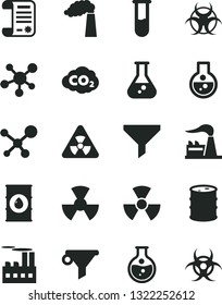 Solid Black Vector Icon Set - round flask vector, manufacture, factory, oil, barrel, industrial building, radiation, carbon dyoxide, filter, water, research article, test tube, molecule, nuclear