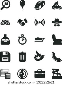 Solid Black Vector Icon Set - floppy disk vector, hat with glasses, Baby chair, balloon, suitcase, calculation, pavement, put in a box, cake slice, sushi, of melon, hot pepper, eco car, handclasp