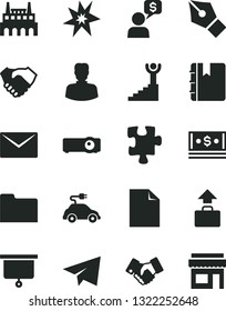 Solid Black Vector Icon Set - paper airplane vector, clean sheet of, Puzzle, envelope, notebook, industrial factory, electric car, woman, hand shake, handclasp, cash, folder, projector, ink pen