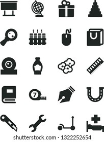 Solid Black Vector Icon Set - stacking toy vector, Kick scooter, long meashuring tape, stationery knife, radiator, bag with handles, gift, popcorn, bottle, billboard, magnifying glass, mouse, memory