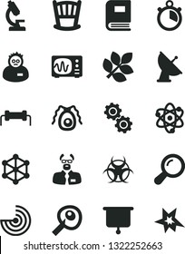 Solid Black Vector Icon Set - cradle vector, microscope, atom, zoom, gears, bactery, book, biohazard, oscilloscope, scientist, artifical insimination, radar, satellite antenna, biology, stopwatch
