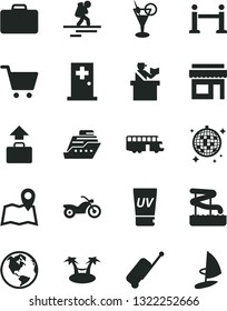 Solid Black Vector Icon Set - earth vector, bus, motorcycle, backpacker, rope barrier, suitcase, passort control, rolling case, baggage, uv cream, cocktail, disco ball, aquapark, medical room, map