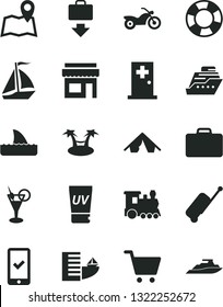 Solid Black Vector Icon Set - train vector, sail boat, motorcycle, suitcase, phone registration, rolling case, getting baggage, hotel, tent, uv cream, cocktail, medical room, map, store, cart, yacht