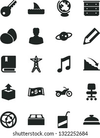 Solid Black Vector Icon Set - chest of drawers vector, e, building block, music, unpacking, eggs, power line, woman, recession, pencil, dollar, network, chair, globe, saturn, motorcycle, key