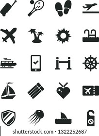 Solid Black Vector Icon Set - Train Vector, Sail Boat, Rope Barrier, Plane Ticket, Phone Registration, Rolling Case, Departure, Sun, Palm Tree, Pool, Tennis, Shield, Handwheel, Shark Fin, Jellyfish