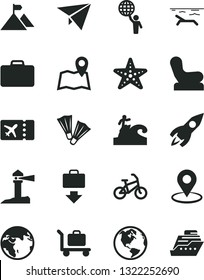 Solid Black Vector Icon Set - Baby chair vector, coastal lighthouse, geolocation, rocket, man hold world, mountain flag, paper plane, earth, bike, suitcase, ticket, getting baggage, beach, starfish