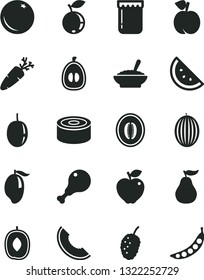 Solid Black Vector Icon Set - canned goods vector, a bowl of buckwheat porridge, chicken leg, carrot, jam, orange slice, peach, red apple, blueberry, tasty mulberry, melon, mango, delicious plum