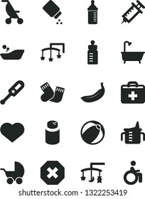 Solid Black Vector Icon Set - heart symbol vector, mark of injury, first aid kit, toys over the cradle, cot, measuring cup for feeding, bottle, powder, baby, stroller, summer, bath ball, warm socks