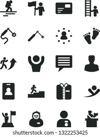 Solid Black Vector Icon Set - image of thought vector, footprints, pass card, folded shirt, welding, gas, woman, scientist, man arrow up, carrer stairway, with medal, flag, hold, ladder, hands
