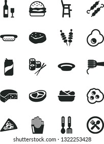 Solid Black Vector Icon Set - a chair for feeding child vector, iron fork spoons, cheese, fried vegetables on sticks, piece of pizza, mini hot dog, burger, noodles, lettuce in plate, bacon, soda can