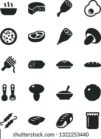 Solid Black Vector Icon Set - plastic fork spoons vector, sausage, cheese, loaf, pizza, spaghetti, mushroom, porcini, pie, a bowl of buckwheat porridge, hot, chicken thigh, grill leg, bacon, chop