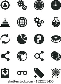 Solid Black Vector Icon Set - clock face vector, renewal, add label, download archive data, question, birthday cake, wall, earth, with a hole, biscuit, round flask, gears, connection, connections