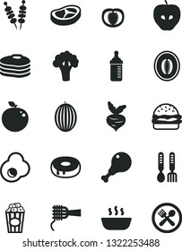 Solid Black Vector Icon Set - measuring bottle for feeding vector, iron fork spoons, fried vegetables on sticks, burger, noodles, cake with a hole, hot porridge, chicken leg, bacon, cup of popcorn