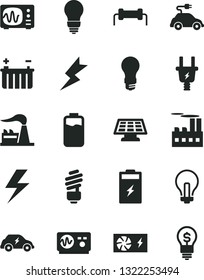 Solid Black Vector Icon Set - lightning vector, incandescent lamp, saving light bulb, charge level, charging battery, factory, electric plug, industrial building, car, transport, pc power supply