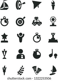 Solid Black Vector Icon Set - stopwatch vector, motor vehicle present, timer, flame torch, winner, laurel branch, podium, cup, star reward, man with medal, pennant, target, purpose, sail boat, golf