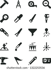 Solid Black Vector Icon Set - graphite pencil vector, zoom out, wind direction indicator, drumroll, drill, hand saw, arm, measuring tape, stationery knife, temperature, hammer, mercury thermometer