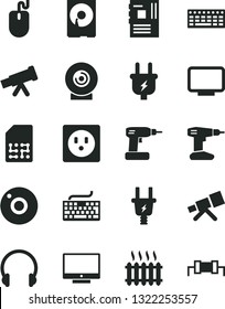 Solid Black Vector Icon Set - camera vector, keyboard, cordless drill, headphones, screen, lens, plug, electric, socket, SIM, cast iron radiator, mouse, motherboard, monitor, hdd, telescope