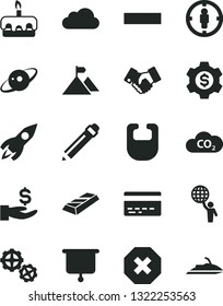 Solid Black Vector Icon Set - mark of injury vector, graphite pencil, bank card, minus, bib, gears, torte, CO2, goal woman, rocket, get a wage, handclasp, cloud, saturn, presentation board, gold bar