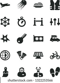 Solid Black Vector Icon Set - plastic brush vector, onion, gpu card, settings, scientist, earth core, sun panel, stopwatch, 3d cube, bang, plane, car baggage, bike, rope barrier, flippers, key