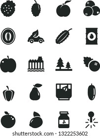 Solid Black Vector Icon Set - a glass of tea vector, jar jam, blueberries, strawberries, ripe peach, apple, pear, mulberry, half melon, date fruit, yellow lemon, delicious, pepper, cucumber, oil