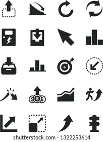 Solid Black Vector Icon Set - renewal vector, clockwise, bar chart, growth, download archive data, dangers, left bottom arrow, put in a box, expand picture, move up, recession, crisis, cursor, man