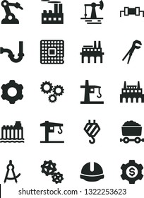 Solid Black Vector Icon Set - crane vector, hook, cogwheel, adjustable wrench, sewerage, construction helmet, working oil derrick, hydroelectricity, industrial building, factory, enterprise, gears