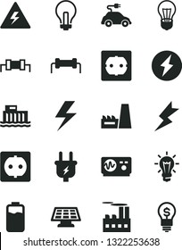 Solid Black Vector Icon Set - lightning vector, danger of electricity, incandescent lamp, power socket type f, charge level, bulb, hydroelectric station, plug, industrial building, thermal plant