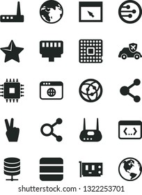Solid Black Vector Icon Set - star vector, big data server, autopilot, processor, connection, connections, cpu, pc card, router, network, browser, coding, lan connector, victory hand, earth
