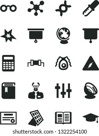 Solid Black Vector Icon Set - book vector, molecule, electricity, glasses, dna, settings, bactery, pipette, globe, scientist, calculator, sun panel, satellite antenna, presentation board, patente