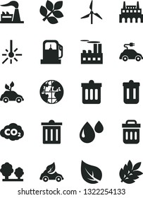 Solid Black Vector Icon Set - bin vector, dust, leaf, gas station, windmill, factory, trees, industrial building, drop, eco car, environmentally friendly transport, electric, carbon dyoxide, planet