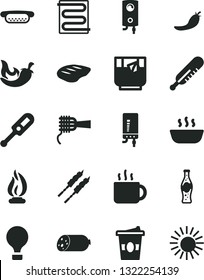 Solid Black Vector Icon Set - electronic thermometer vector e, mercury, heating coil, boiler, sausage, mini hot dog, noodles, porridge, chop, barbecue, chili, cup of tea, coffe to go, a glass, flame