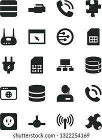 Solid Black Vector Icon Set - Puzzle vector, power socket type b, big data, phone call, plug, SIM card, scheme, dispatcher, router, network, browser, connect, lan connector, wireless, satellite