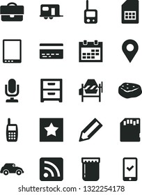 Solid Black Vector Icon Set - desktop microphone vector, calendar, bank card, rss feed, toy phone, concrete mixer, nightstand, piece of meat, jam, retro car, SIM, location, portfolio, pencil, mobile