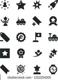 Solid Black Vector Icon Set - add bookmark vector, remove label, star gear, rocket, lunar rover, bang, cup, reward, flag, medal, ribbon, stars around man, three, flying, disco ball, compass