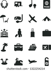 Solid Black Vector Icon Set - suitcase vector, passport, plane, camper, passenger, rolling, ticket, tent, arnchair under umbrella, palm tree, hawaii wreath, diving mask, surfing, hotel, golf, hammok