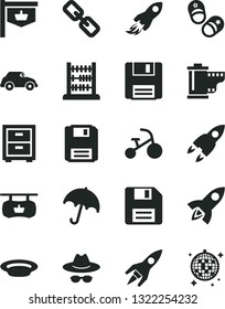 Solid Black Vector Icon Set - floppy disk vector, spectacles, hat with glasses, camera roll, bedside table, tricycle, child shoes, abacus, umbrella, plate, retro car, vintage sign, space rocket