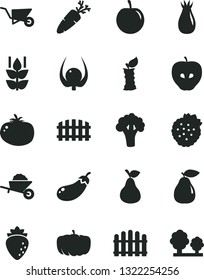 Solid Black Vector Icon Set - garden trolley vector, building, fence, hedge, tomato, carrot, strawberries, pear, mint, tasty apple, raspberry, rose hip, plum, physalis, stub, broccoli, eggplant