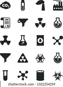 Solid Black Vector Icon Set - round flask vector, manufacture, oil, barrel, industrial building, radiation, carbon dyoxide, filter, water, research article, test tube, molecule, nuclear, biohazard