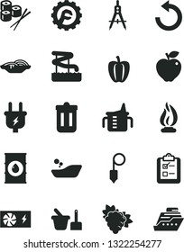 Solid Black Vector Icon Set - counterclockwise vector, measuring cup for feeding, children's bathroom, toy sand set, plummet, star gear, survey, slices of onion, sushi, branch grape, red apple, oil