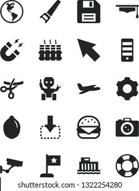 Solid Black Vector Icon Set - floppy disk vector, cogwheel, hand saw, radiator, move down, big burger, lime, planet Earth, hydroelectric station, pc tower, cursor, magnet, graduate hat, robot, plane