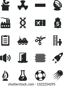 Solid Black Vector Icon Set - minus vector, volume, industrial building, weaving, radiation, flask, dna, flame, clipboard, satellite antenna, rocket, lunar rover, man with ladder, exit door