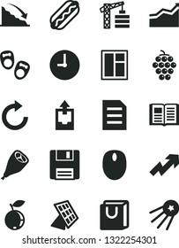 Solid Black Vector Icon Set - growth up vector, clockwise, upload archive data, shoes for little children, tower crane, window, wall clock, book, bag with handles, Hot Dog, grill chicken leg, mouse